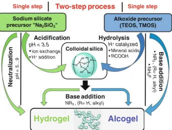 Fig. 5 Schematic overview of the two main synthesis paths of nanostructured silica gels from sodium silicate and silicon alkoxides (i.e