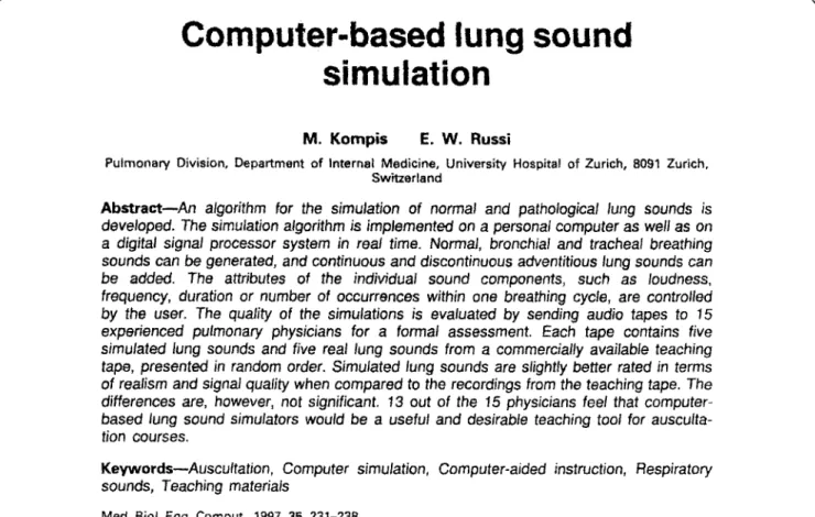 Fig.  t  shows  a  block diagram of the  lung  sound  simulation  algorithm.  Simulated  signals  are  generated  as  sequences  of  samples  at  a  constant  sampling  rate  of 2500  l:Iz