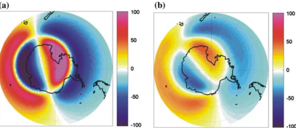 Fig. 20 Internal (induced) vertical components (in nT) for South polar region, calculated in two 1-D models