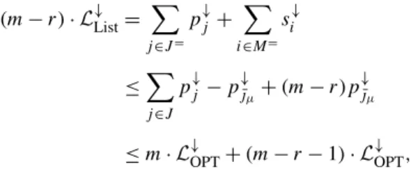 Fig. 2 A worst-case example (for r = 3) matching the bound of Theorem 2. Left, Graham’s schedule on the original instance; the perturbed jobs have a dotted outline