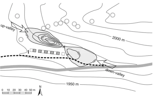 Fig. 5 Flux footprint area during the growing season 2006. Isolines show the percentage contribution with reference to the local point of maximum contribution, overlain over topographical contours at 10-m intervals.