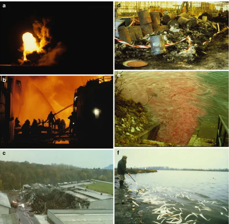 Fig. 1 a – f Photographs of the Schweizerhalle fire in November 1986.