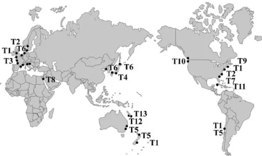 Fig. 1 Global distribution of the 13 Ammonia phylotypes (T1–T13) genetically identified and morpho- morpho-logically analysed