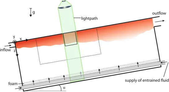 Fig. 2 Schematic of the experimental setup. The red area indicates lighter fluid that flows along the top wall of the tank; mixed fluid leaves the tank through an opening at the higher end