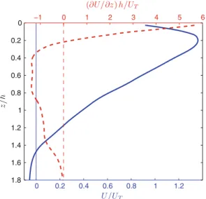 Fig. 14 Scatter plot of u 0 w 0 for z/d [ 0.4. From the slope of the linear fit to the data (dashed line), it follows that l m ¼ 0:57 cm; data for z\0:5d (i.e., the wall boundary layer) was omitted