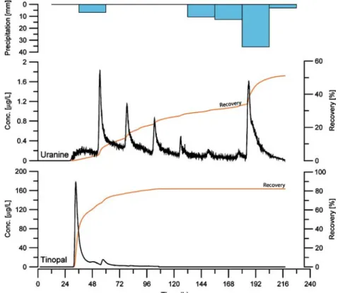 Fig. 8 Uranine breakthrough curve monitored at Tschoetre spring, resulting from injection No