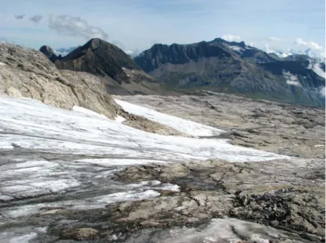 Fig. 1 Impression of the upper part of the Tsan ﬂ euron-Sanetsch area, where the rapidly retreating Tsan ﬂ euron glacier directly overlies and recharges the Cretaceous limestone karst aquifer (photo: N