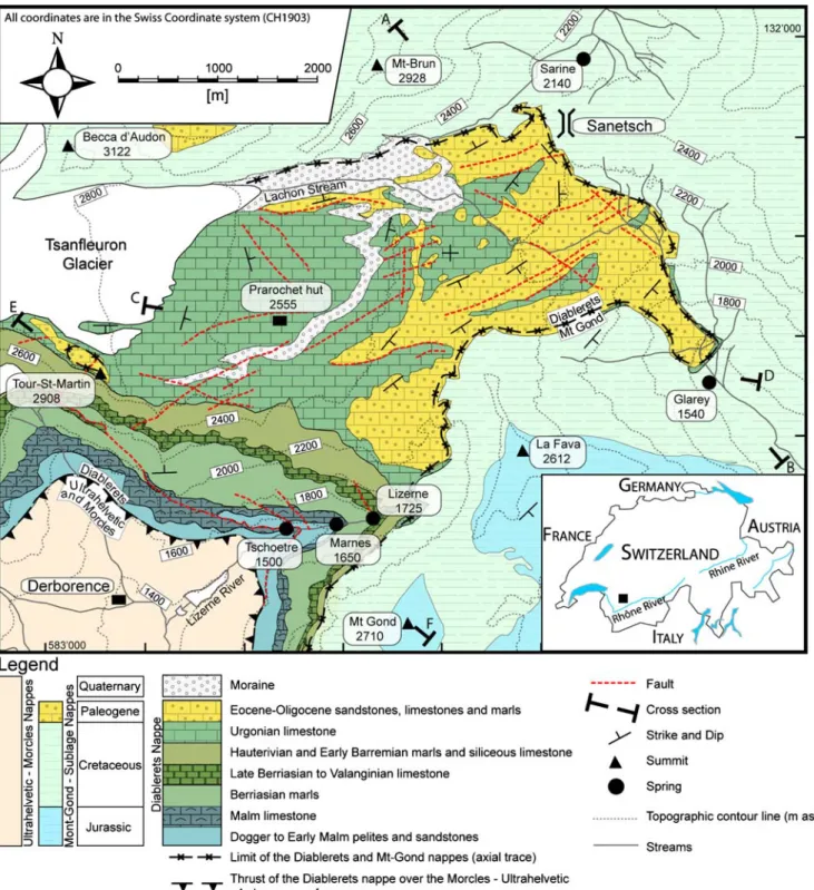Fig. 2 Geologic map of the Tsanﬂeuron-Sanetsch area (with Swiss coordinates). Large parts of the study area belong to the Diablerets nappe and mainly consist of Cretaceous Urgonian limestone