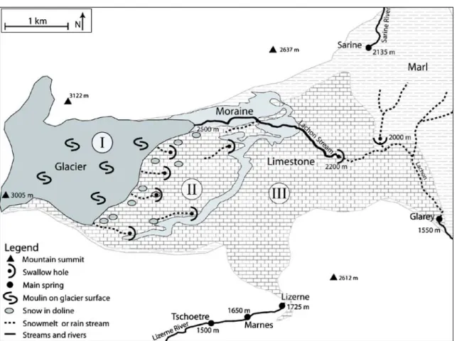 Fig. 5 Swallow hole directly below the glacier front in the southern sector of the Tsan ﬂ euron glacier, where it forms a shallow ice sheet.