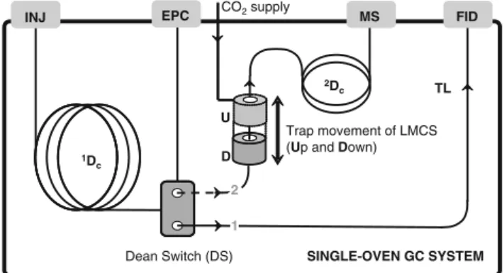 Fig. 1 Schematic representation of the heart-cut MDGC system. TL transfer line, 0.88 m×0.1 mm deactivated fused silica, U up position of the modulator, D down position of the modulator, 1Dc 15 m×0.25 mm×