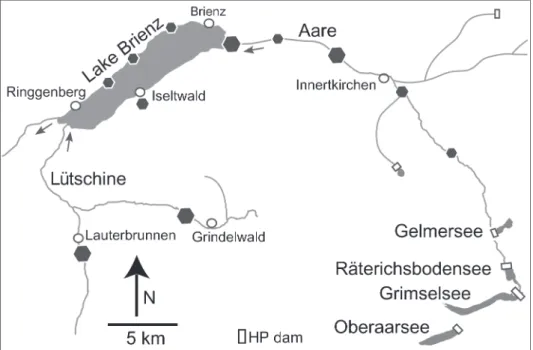 Figure 1. Four largest hydropower reservoirs (Table 1) and eleven waste water treatment plants – the two major changes in the 20 th century – in the catchment of Lake Brienz along the two tributaries, the L/tschine (no dams) and Aare (with dams) Rivers