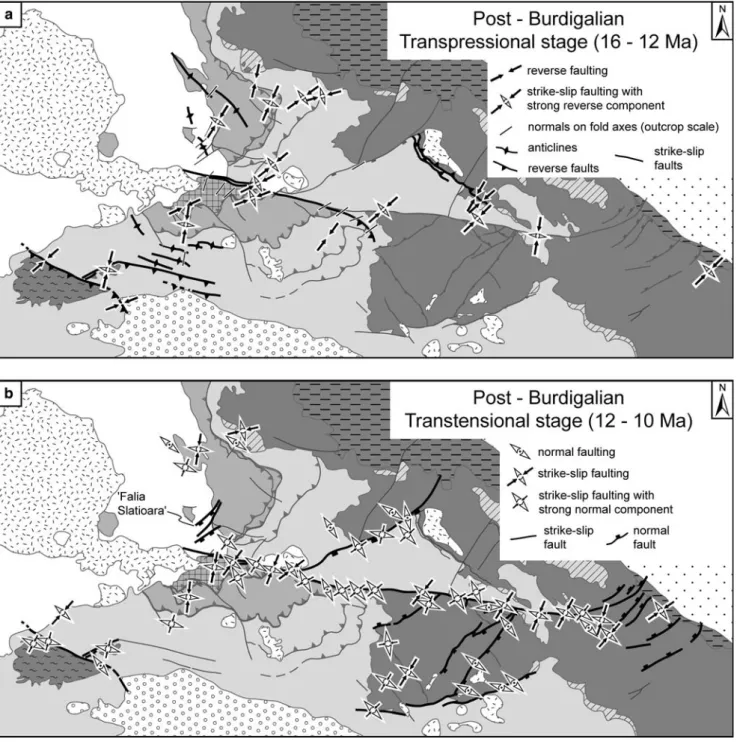 Fig. 6 Kinematics and structures related to the post-Burdigalian (16 to 10 Ma) activity of the Bogdan- and Dragos-Voda faults.