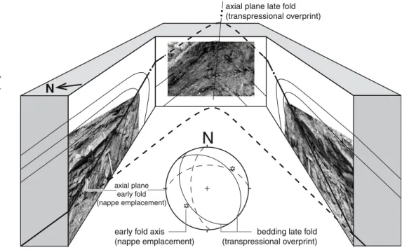 Fig. 7 Schematic block diagram of an outcrop showing the overprinting of nappe emplacement structures