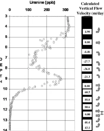 Figure 8 also summarises the results of the vertical flow measurements. These measurements indicate that vertical flow gradients vary in magnitude and direction with depth in B8