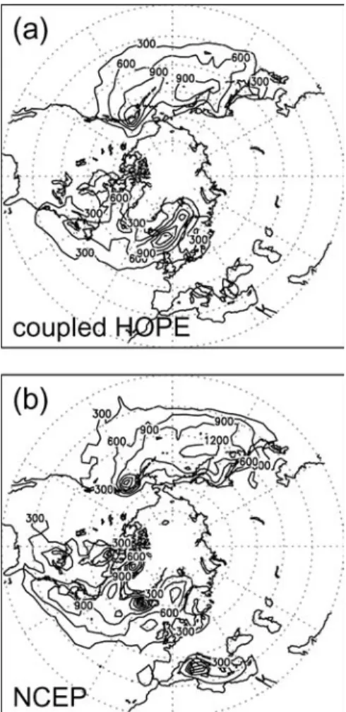 Fig. 3 The cyclone intensity for a the coupled HOPE reference experiment (averaged over 100 winter seasons, DJF), and b for the NCEP Reanalysis (averaged over 41 winter seasons, DJF)