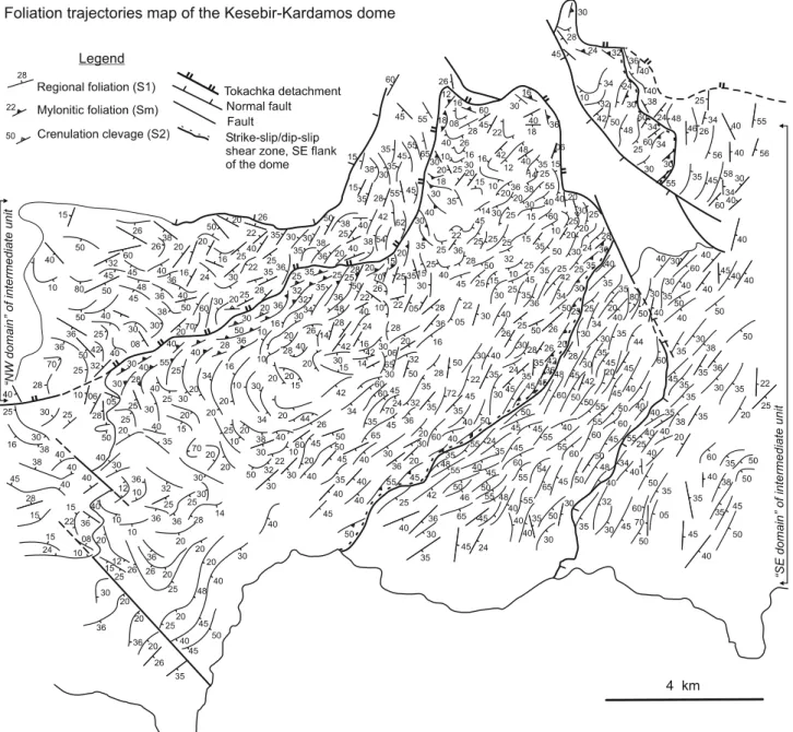Fig. 7 Map of foliation trajectories in the metamorphic units of the Kesebir–Kardamos dome