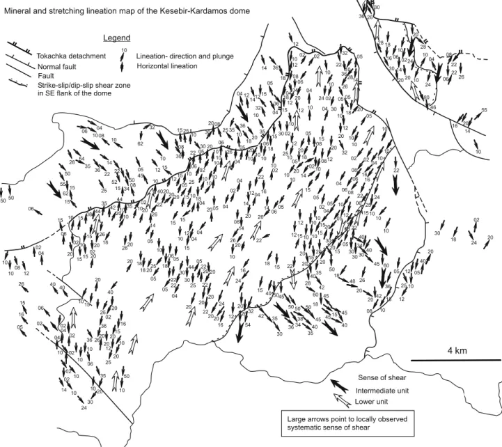 Fig. 8 Mineral and stretching lineations map of the Kesebir–Kardamos dome. Black arrows point to the sense of shear on inferred thrust movement within the intermediate unit, white arrows in the lower unit are point in the direction of shear associated with