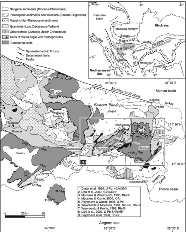 Fig. 1 Synthetic tectonic map of the central and eastern Rhodope in Bulgaria and Greece [modiﬁed after Burg et al