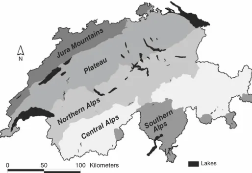 Figure 1. The study area of Switzerland and its five major bioclimatic and biogeographic regions.