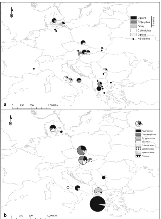 Fig. 3 Visitor composition in sampled populations. a Among Arthropod orders; b among Diptera families