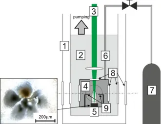 Fig. 1 (Color online) Experimental set-up for laser ablation in condensed helium: 1 isolation vacuum, 2 cooling bath filled with liquid 4 He, 3 ablation Nd:YAG laser beam, 4 pressurized helium sample inside the cell, 5 metallic ablation target, 6 thin capi