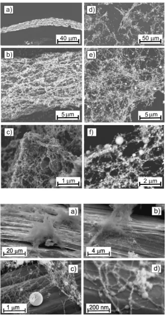 Fig. 7 SEM images of the ablation products in superfluid (a, b, c) and normal fluid (d, e, f) He