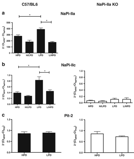 Fig. 5 Dietary phosphate intake regulates NaPi-IIa and NaPi-IIc transcripts but not  Pit-2 mRNA