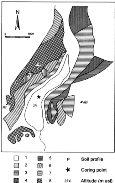 Fig.  1. Map of A the study region  showing the  main  lakes (par-  allel lines)  and  locations of the  main  pollen  profiles,  and  B the  geology  of the  study  region