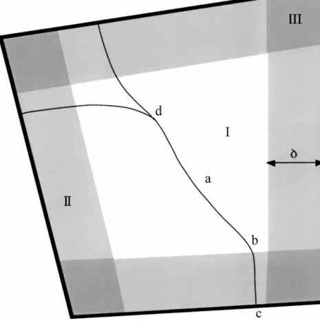 Figure 12 Schematic view of a coating fragment traversed by a branching crack. Filling indicates regions with different stress states.