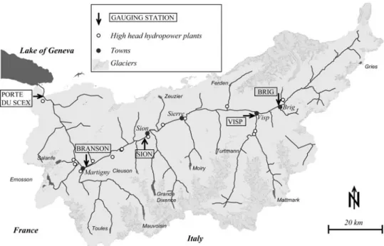 Table 2 shows particularly that catchment area and natural mean annual discharge of the Vispa River, which is one of the largest tributaries of the Upper-Rhone River, are of the same order of magnitude as catchment area and mean annual discharge of the Rho