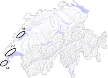 Fig. 1 Location of the three study regions within Switzerland. NE Neuchaˆtel, VD La Coˆte, GE Gene`ve