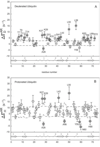 Figure 2. Experimental rates  AR corresponding to the difference between DQ and ZQ autorelaxation rates versus residue number