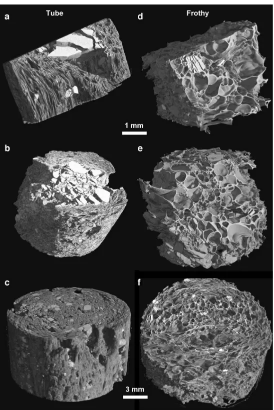 Fig. 1 Volume renderings of the six investigated samples: (a,b,c) being tube pumice and (d,e,f) frothy pumice; a  KPT06-25_5 mm, large cavity and large crystal present, b  KPT06-34_5 mm, abundant broken crystals, c KPT06-34_15 mm, features blurred, d  KPT0