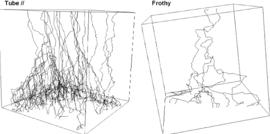 Fig. 3 Visualization of connected paths of a tube type in the direction of  elonga-tion (KPT06-25_5 mm) and a frothy type (KPT06-33_5 mm).