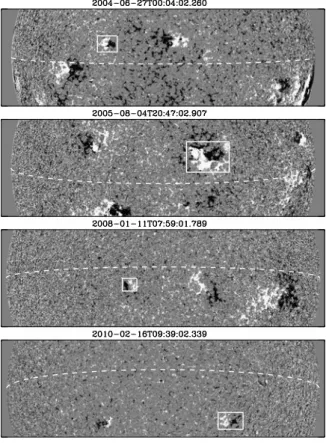Fig. 10 Examples of violations of Hale’s polarity law by medium or large-size bipolar magnetic regions from different phases of the solar cycle between 2004 and 2010, from Stenflo and Kosovichev (2012).