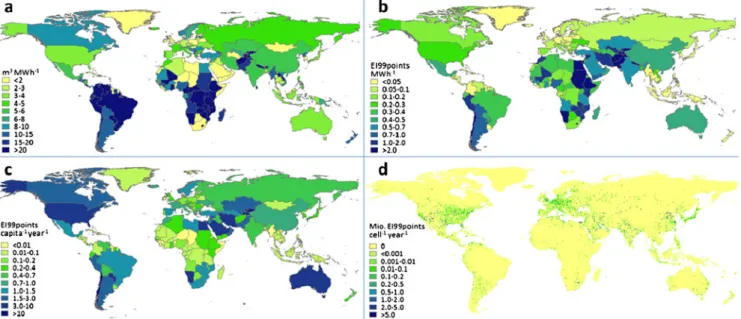 Fig. 1 Water consumption and related impacts of the national power production mixes: a Country-specific inventory, b Country-specific aggregated EI99+ damage scores per MWh of electricity produced, c