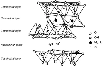 Fig. 1 Structural model according to Grim [13] of sodium hectorite Mg 5.5 Li 0.5 Si 8 O 20 (OH) 4 Na  nH 2 O, showing the anionic three-layer sheets and the interlaminar space containing sodium cations and water molecules