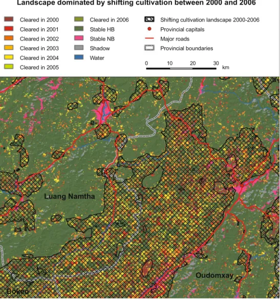 Fig. 5 Landscapes where shifting cultivation prevails from 2000 – 2006. In the background is the MODIS classification of land cover change trajectories, stable HB, and stable NB usedto calculate the landscape metrics