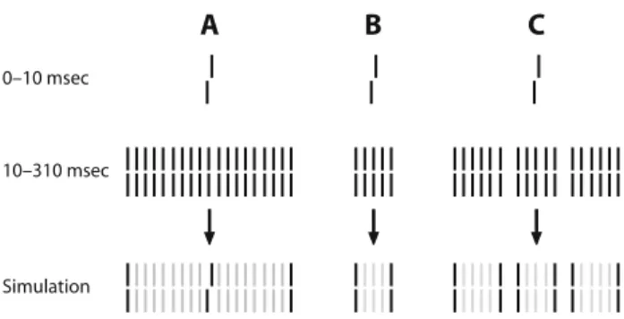 Figure 1. A vernier is followed by various kinds of gratings lasting for  300 msec. (A) If a grating contains more than seven elements, the vernier  shines through the grating