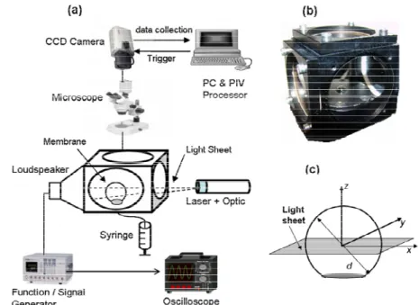 Fig. 1. (a) Schematic of the experimental apparatus, (b) Close-up of the test cell with an inflated  membrane, (c) View of measurement plane inside the cavity, including coordinate system