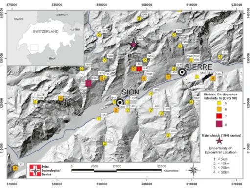 Fig. 1.  Historic seismicity of the middle Valais re- re-gion based on EcOs-02 data (swiss  seismologi-cal service, 2002) with Io ≥ 5.: Intensity, epicenter,  and uncertainty of the epicentral location.