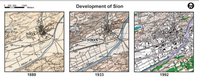 Fig. 2.  Development of sion from the eighteen-eighties to the nineteen-nineties on historic maps (1 : 50’000)
