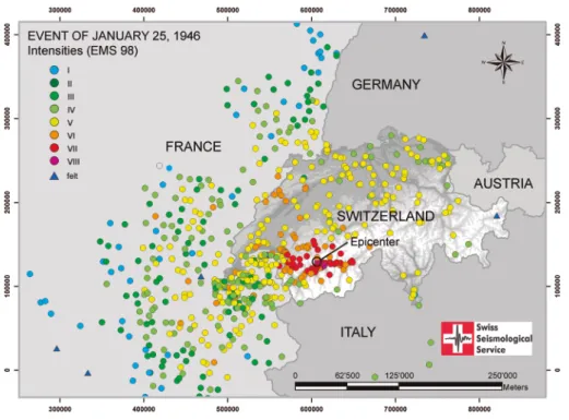 Fig. 4.  Macroseismic map of the January 25, 1946  event based on EcOs-02 data (swiss  seismologi-cal service 2002) and data from the French  cata-logue sis France (brGM et al