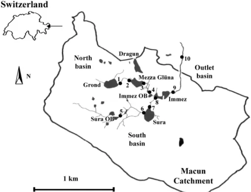 Figure 1. Schematic map of the Macun lakes region in eastern Switzerland. Numbers show the sample locations for diatoms and corre- corre-spond to site numbers in Table 1 and the appendix