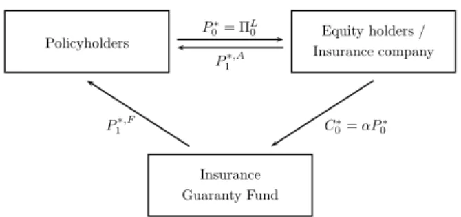Fig. 3 Cash flows in setting C. Illustration of the cash flows with an insurance guaranty fund at times t = 0 and t = 1 in setting C