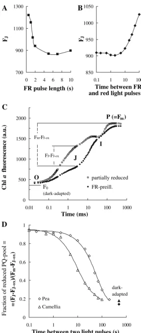 Fig. 6 Determination of the PQ pool redox state. (A) Effect of FR- FR-pulse length on the measured F J -value
