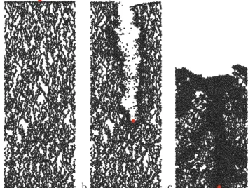 Fig. 1. Snapshots from simulations showing a typical real- real-ization of the penetration process of an intruder into a very loose cohesive packing