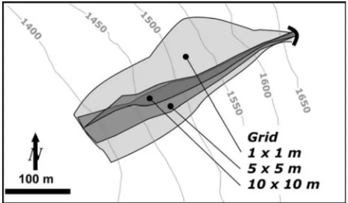 Fig. 6 Influence of the DEM mesh size in the scattering of the rockfall trajectories (after Agliardi and Crosta 2003)
