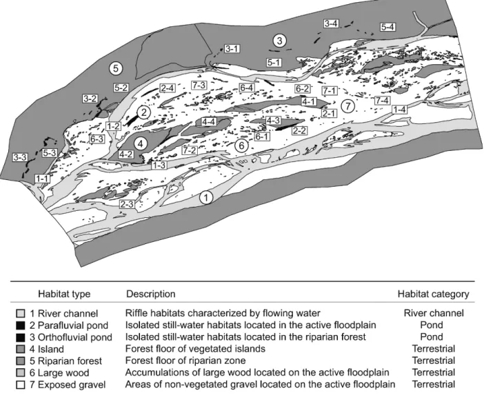 Figure 1. Map of the main study area during base flow, with descriptions of the seven different habitat types (1 to 7), and locations of the 4 sites per habitat type (e.g., 1 – 1 to 1 – 4)
