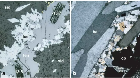 Fig. 6 Photomicrographs in reflected and transmitted light showing representative textures of sulfide metasomatic Mn-siderite ores (type 4) and sulfide-bearing barite veins (type 5)